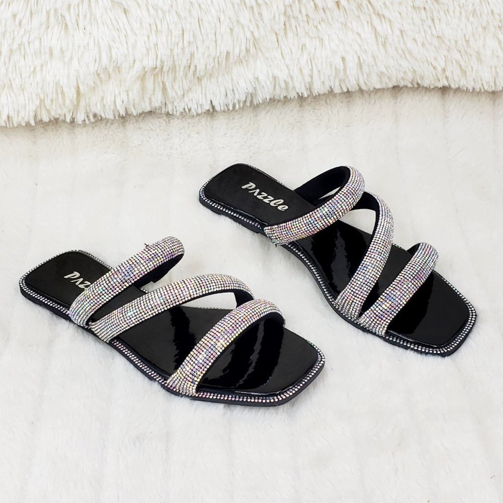 Padded Triple Strap Slip On Sparkly Rhinestone Square Open Toe Sandals_9